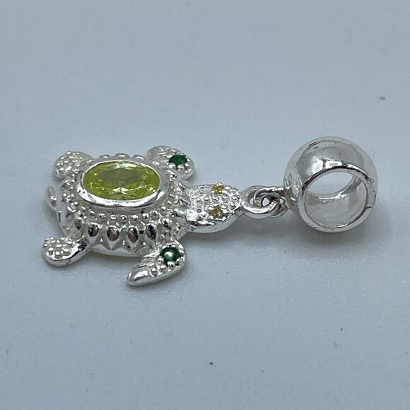 925 Sterling Silver Light Green Cubic Zirconia and Crystal Turtle Charm Dangle - Picture 4 of 6
